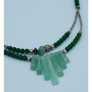 Vintage Green Aventurine Fringe Necklace Glass Beads Silver Tone Barrel Clasp